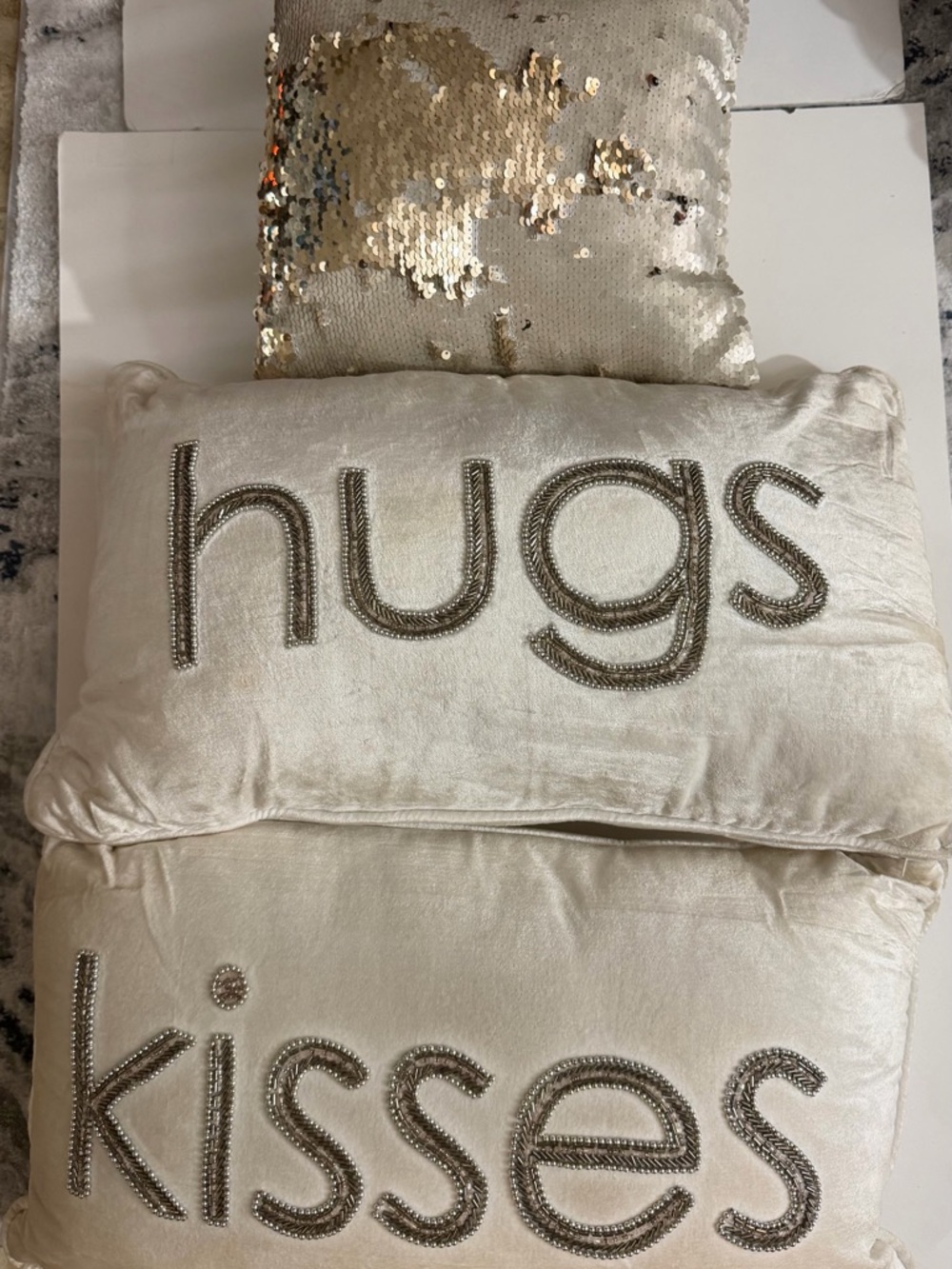 Beaded 'hugs kisses' Decorative Pillow Duo in Cream plus small sequin pillow